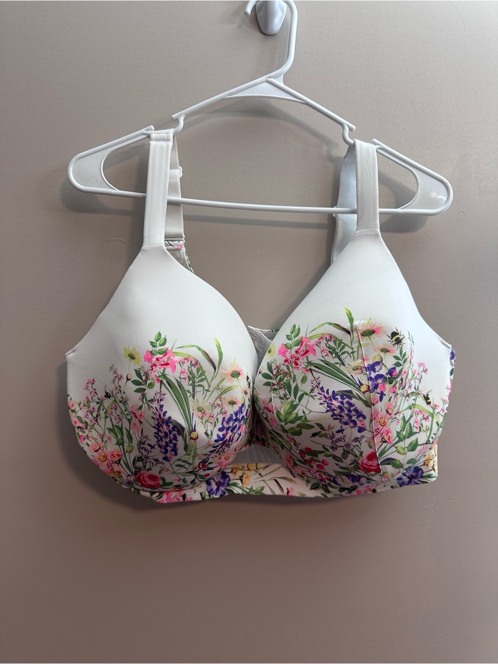 Cacique White  Floral T-Shirt Bra with Pink & Purple Blooms